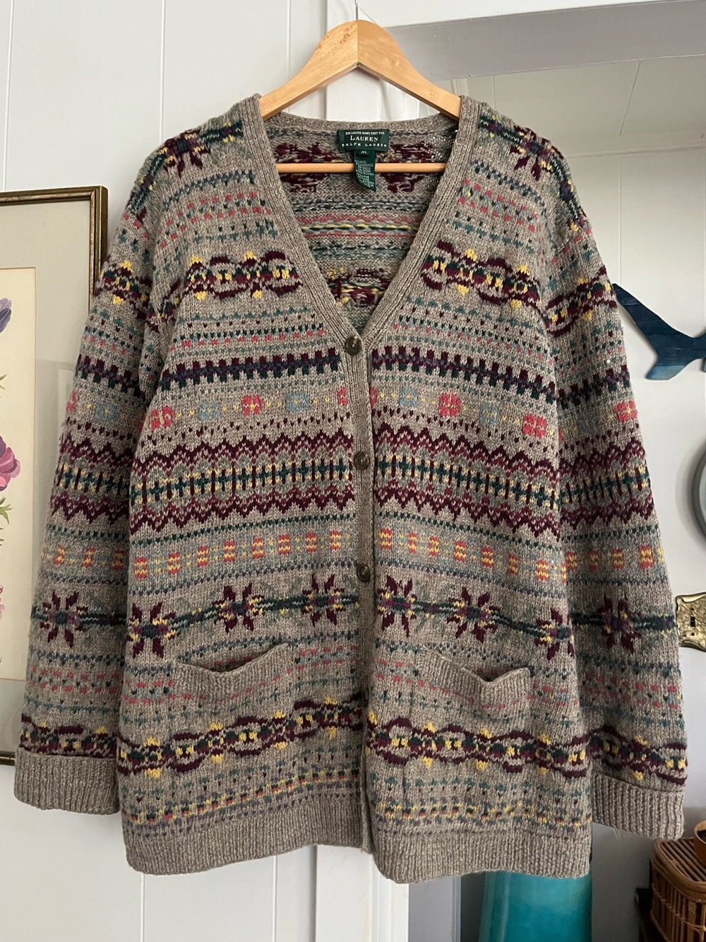 Vintage Ralph Lauren Hand Knit Lambswool Wool Fair Isle Cardigan Sweater Rare